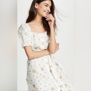 SOLD Sleeper Brigitte white linen dress yellow floral print